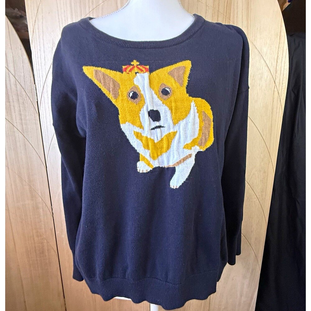 French Connection Navy Blue Royal Corgi Crown Knit Sweater Size M Quirky Preppy
